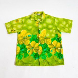 60s Lime Green Hawaiian Shirt / Watercolor hibiscu